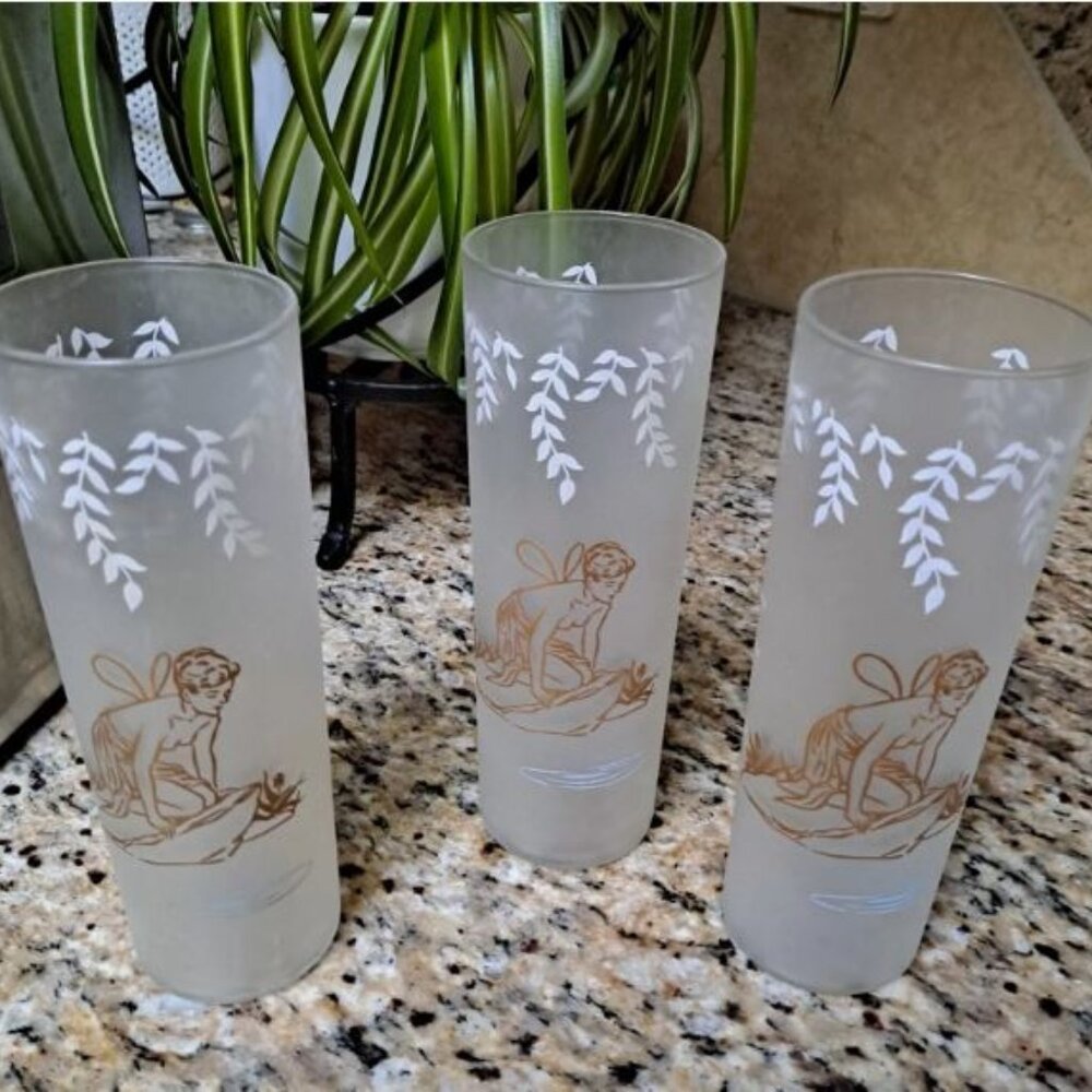 Set of 3 Vtg Libbey Frosted White Rock Water Fairy Nymph Tall Glasses MCM USA
